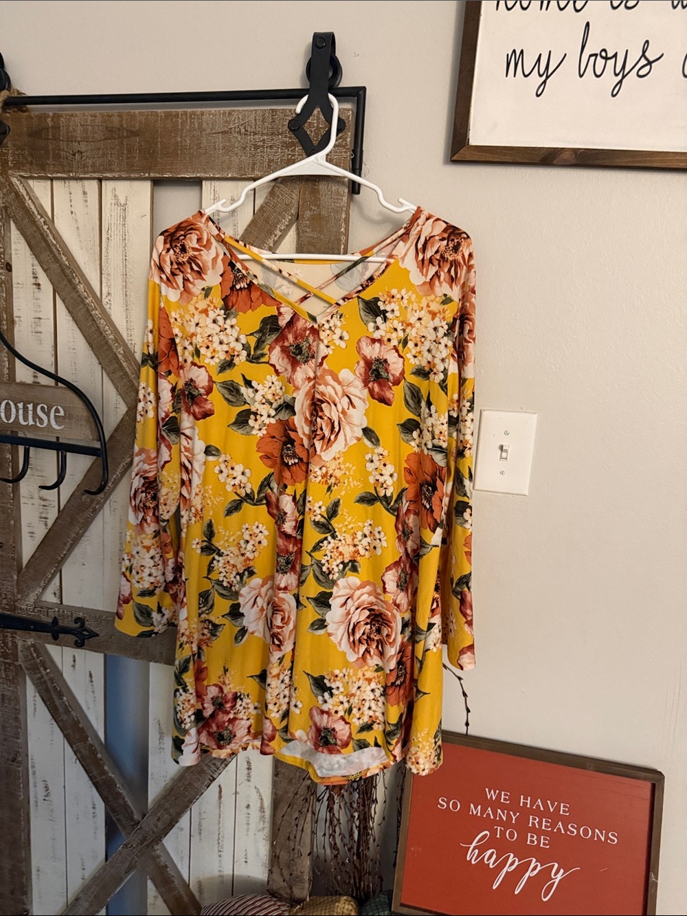 Women’s Floral Crisscross Tunic Top - Mustard Yellow